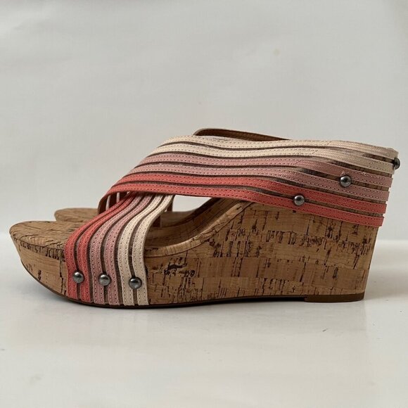Pink Ombre Stripes Boho Beach Wedge Cork Platform Sandals Women Size 10 - Picture 6 of 12